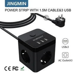 JINGMIN EU Socket Cube Without Cable 5-way Socket Adapter 250V/16A,Wall Socket Extension for Bedroom Office Home Travel