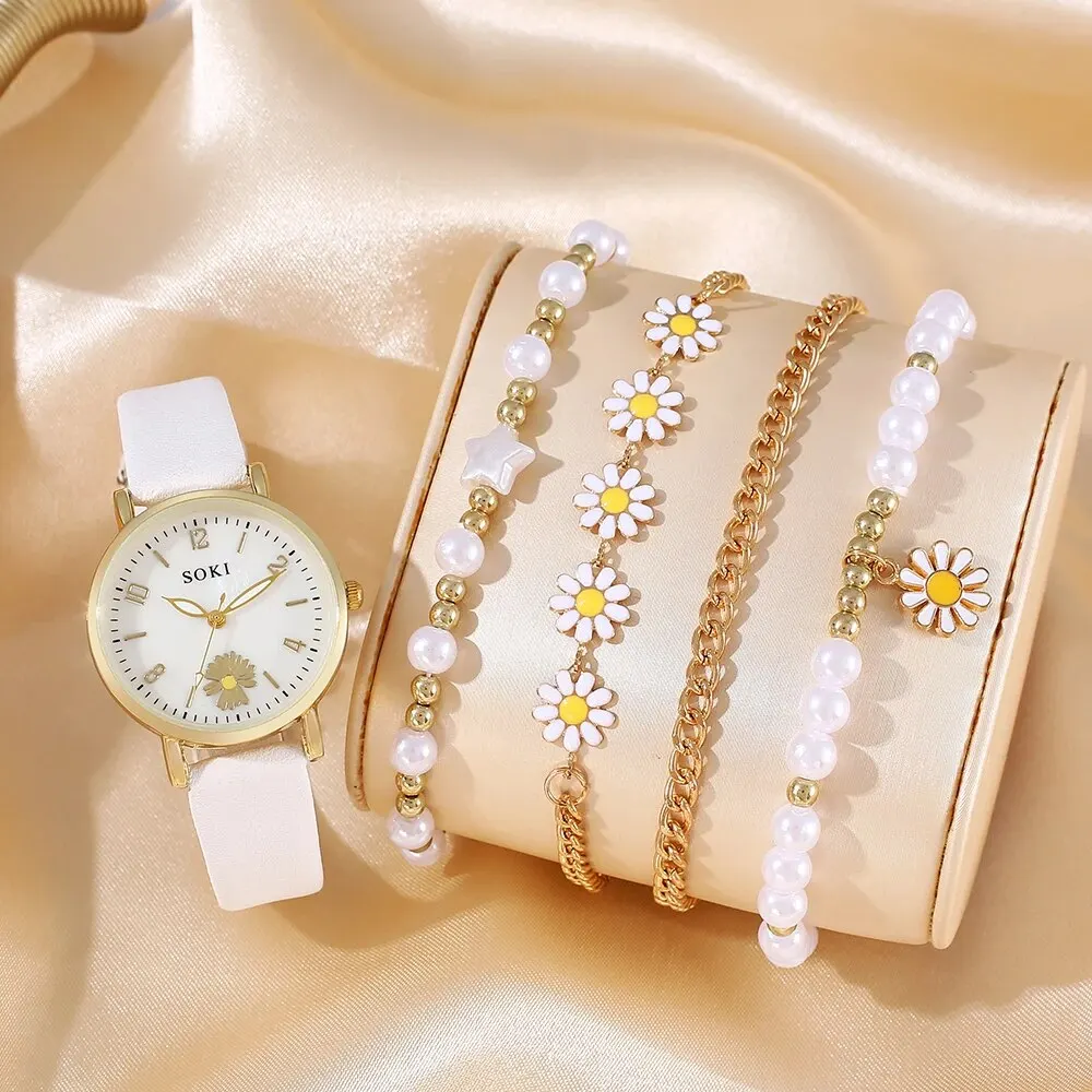 White Quartz Watch Dainty Bracelet For Women Leisure Casual Round Hollowed Pattern Bracelet Set