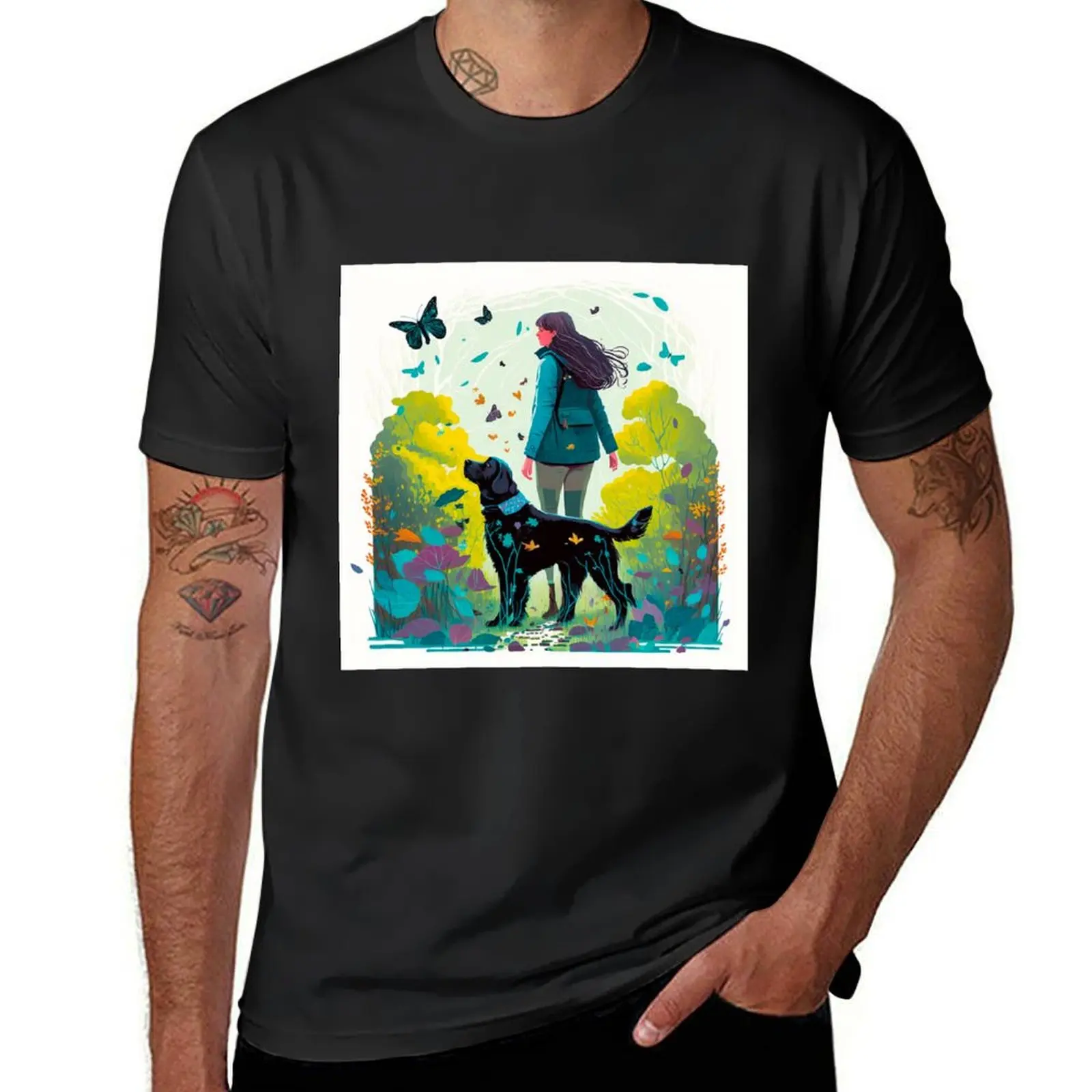 Dog Walking in Spring Contemporary Illustration T-Shirt aesthetic clothes sublime T-shirts for men cotton