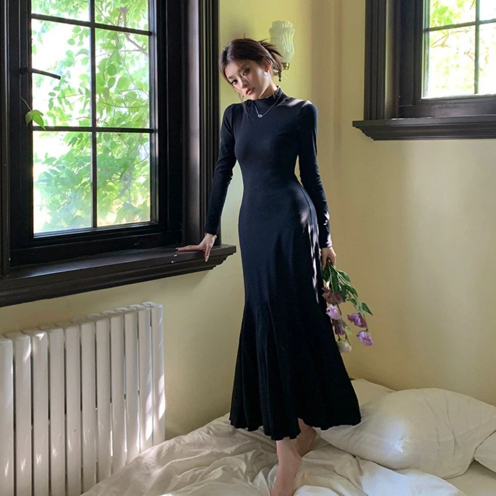 2025 outono novo coreano high street meia alta pescoço vestido feminino cabido interior usar camada base a linha sereia vestido longo senhora do escritório