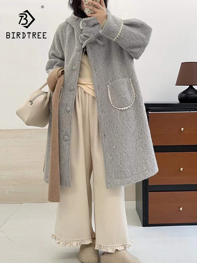 

New 2025 Winter Long Sleeve Hooded Thick Overcoat, Women Lace Bow Patchwork, Mori Girl Age Reduction Warm Loose Coat C5D456CC