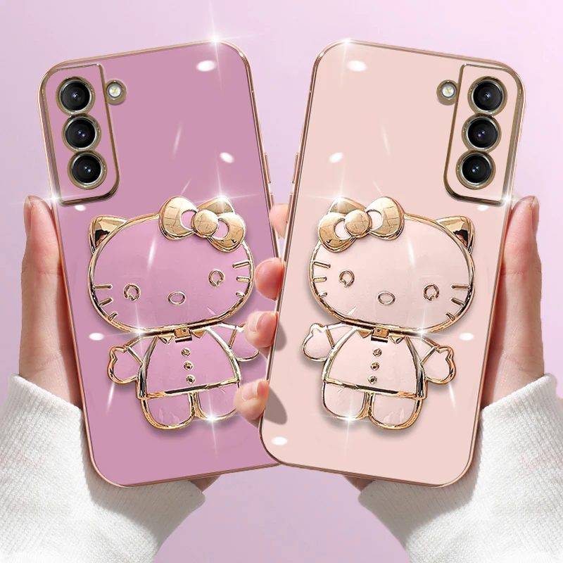Olá Kitty luxo chapeamento caso, espelho tampa da cremalheira, Samsung Galaxy S23, S22 Ultra, S21, S20 FE, S10, S9, S8, Nota 20, 9, 8 Além disso, 10