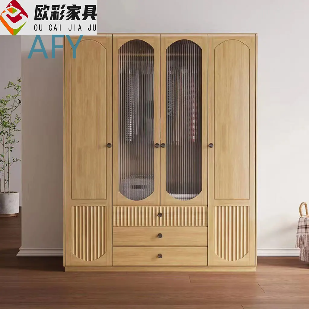 Nordic Solid Wood Wardrobe for Small Medium Homes Single Double Door Glass Storage Cabinet Modern Minimalist Bedroom Closet