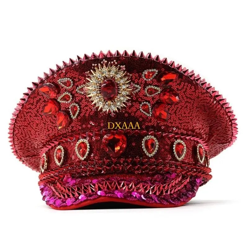 DXAA Gleaming Bride Hat Sparkly Captain Hat Red Heart Rhinestones Sailor Party