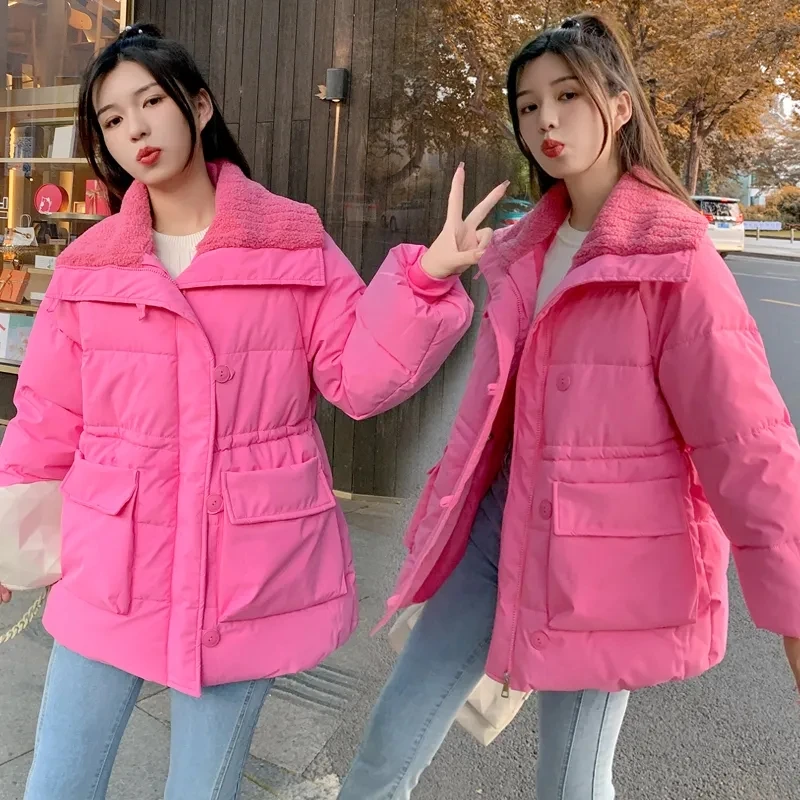 Parkas de lapela grande feminino, jaquetas de algodão, sobretudo acolchoado, grosso, quente, lã de cordeiro, casual, feminina, inverno, novo, 2023