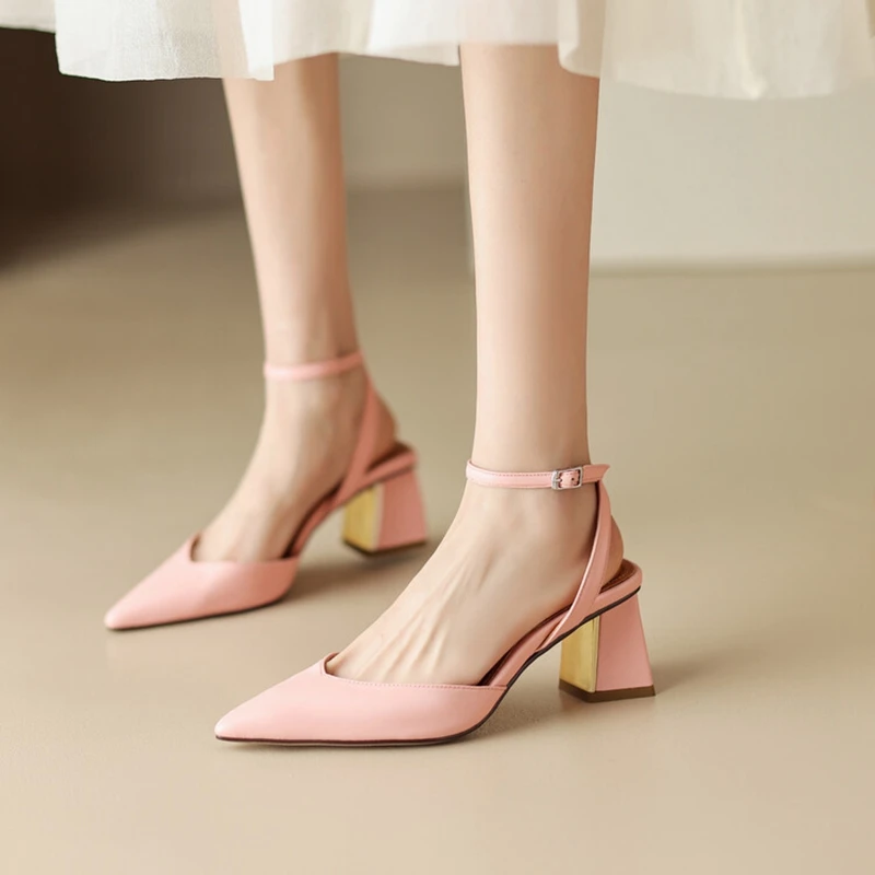 NEW Summer Woman Shoes Sheep Suede Leather Shoes for Women Pointed Toe Chunky Heel Women Sandals Slingback High Heels Chic Shoes