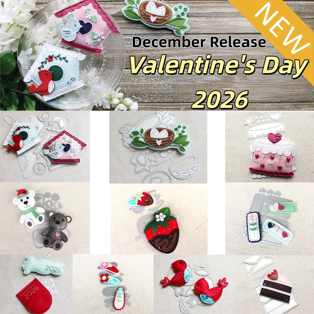2026 Valentine Heart Love Birds Chocolate Posh Barrette Felt Cutting Dies For DIY Decorating Scrapbook Card Template Supplies