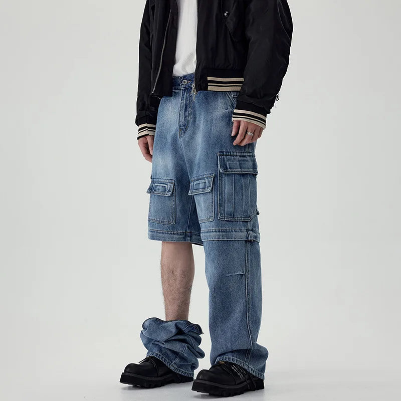 High Street Retro Workwear Style Multi-Pocket Wide Leg Removable Loose Straight Functional Design Trend cargo pants men