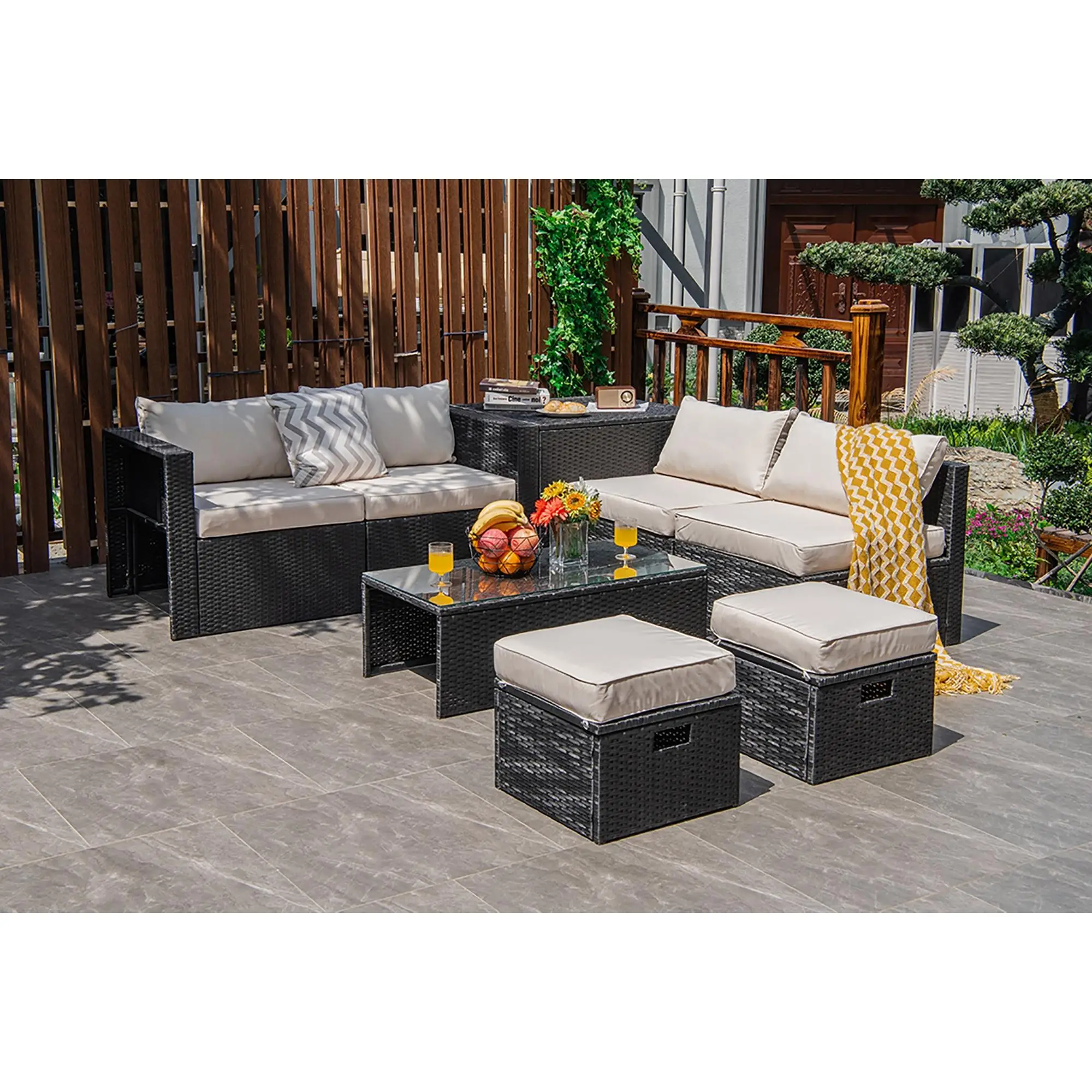 

8PCS Patio Rattan Furniture Set Storage Table Ottoman Off White cover