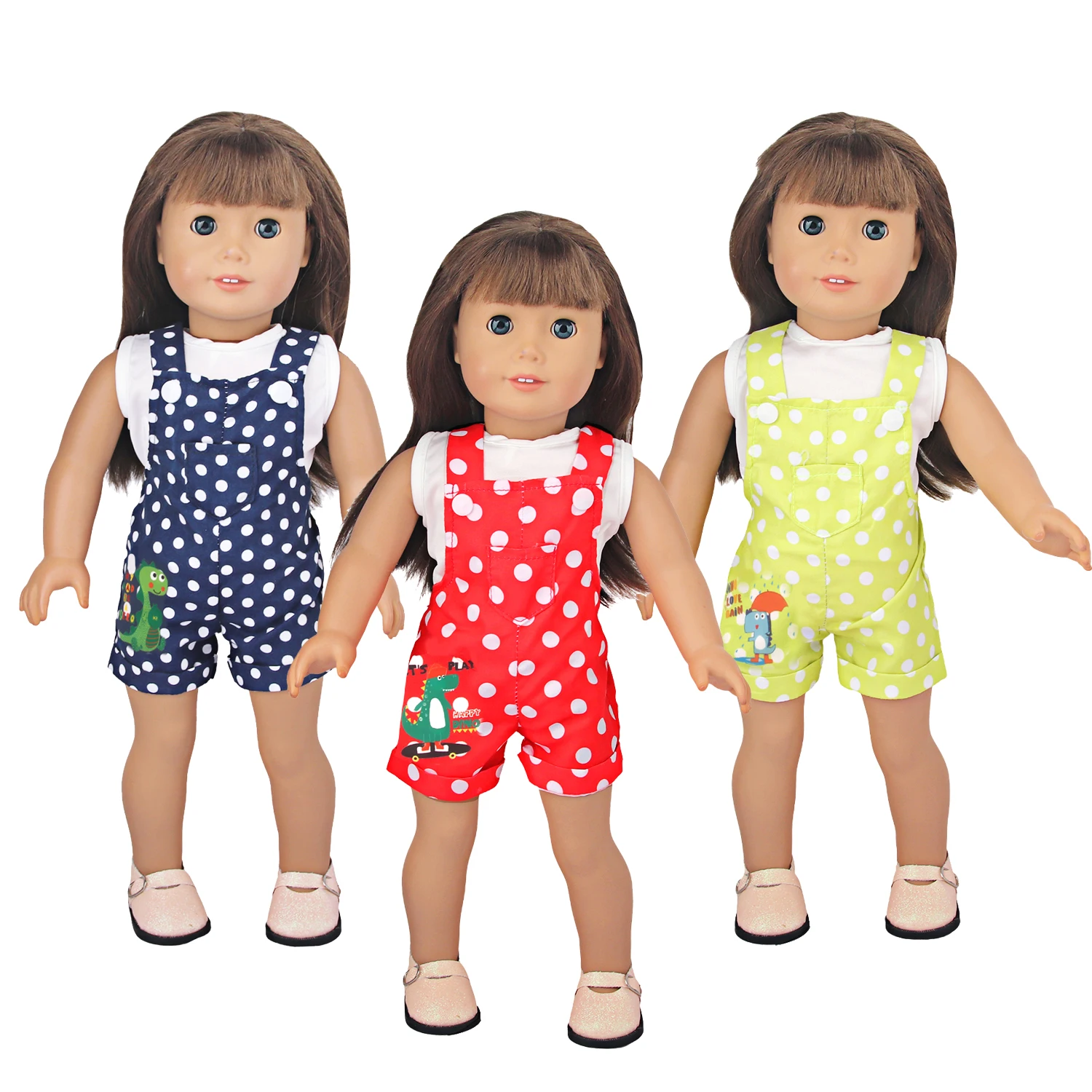 

18-inch American Doll Clothes Set Dinosaur Polka Dot Overalls + T-Shirt Clothing Suit For 43cm Baby Newborn & Og Girl Dolls Toy