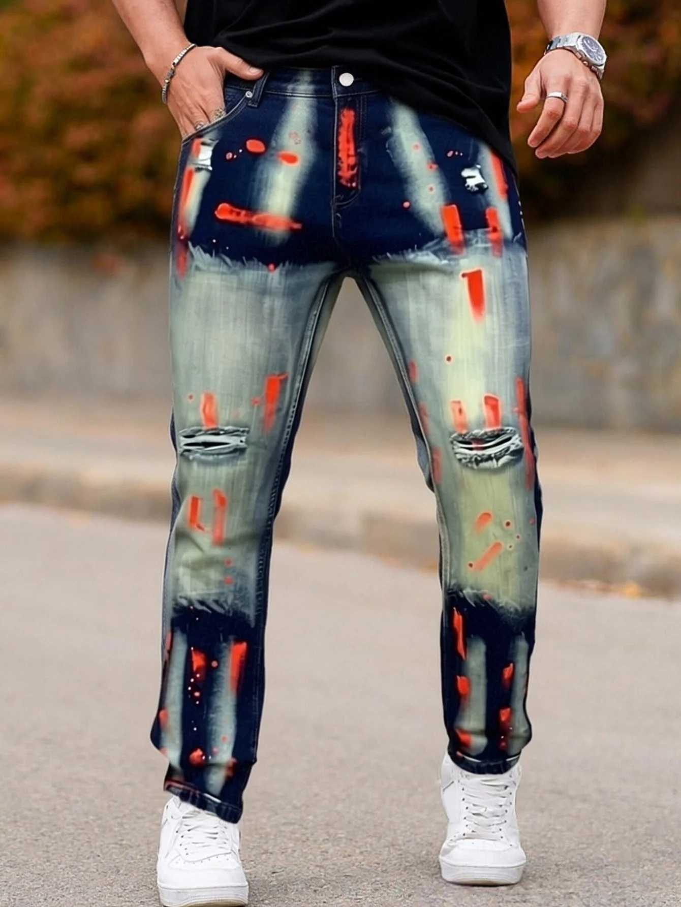 Men's Y2K-Style Denim Pants With Hand Drawn Colorful Tear Stop Pattern Design  Best Selling Product  Free Shipping Included