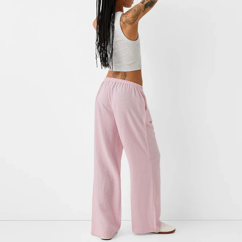 Calça casual de pijama listrado feminina, cintura elástica, calças soltas, moda streetwear loungewear com bolsos, confortável, calças de perna larga