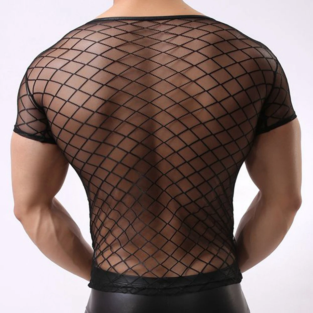 Mens Mesh See Through Shirt Undershirt Sheer Net Sleeveless Top Sexy Lingerie T Shirt Summer Transparent Open Knit Inner Wear