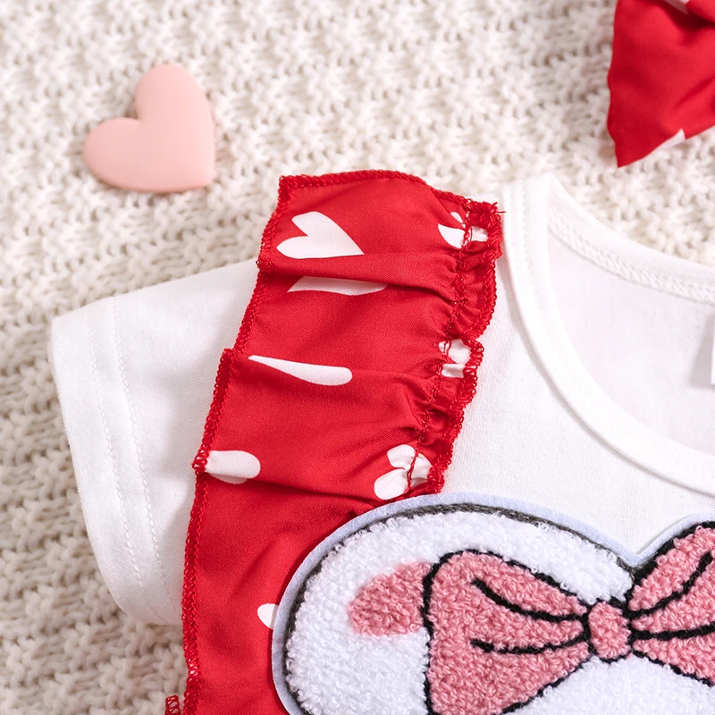 Newborn Baby Girl Valentine s Day 2 Piece Outfits Heart Print Bunny Patchwork Short Sleeve Romper Dress with Headband Set