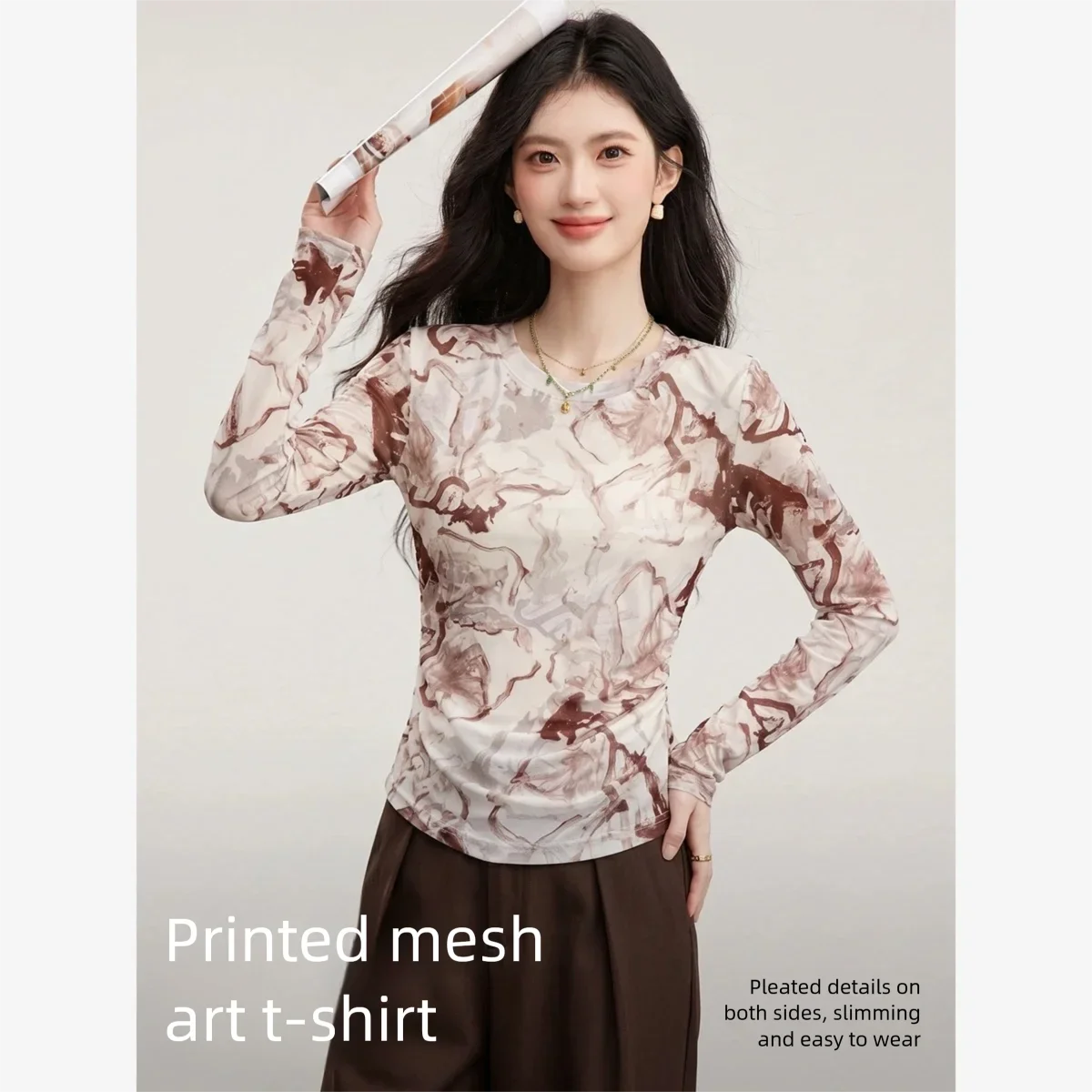 VIMLY Women's T‑shirt 2026 Fall Printed Mesh Art Long Sleeve Tees Elegant Fashion Side Waist Gathered Slim‑fit Tops Female 31550