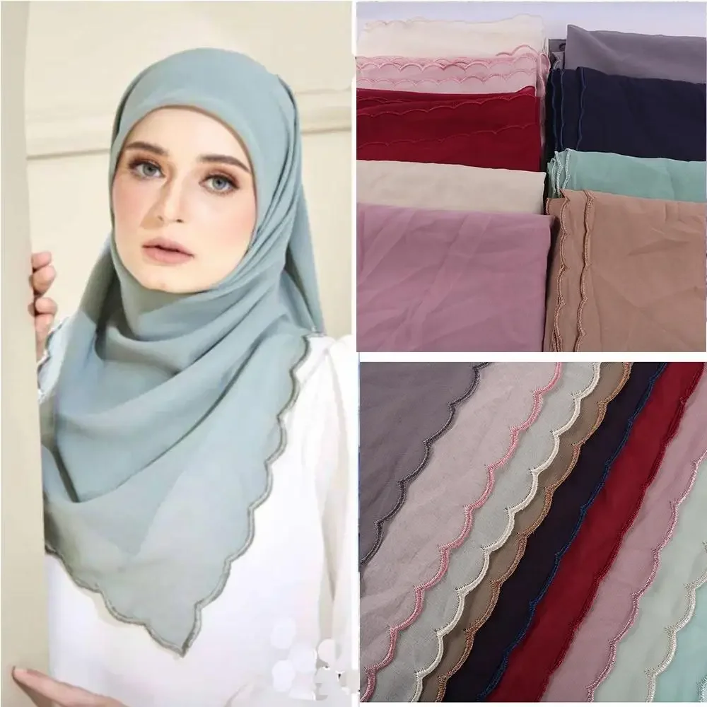 Chiffon HIjab Square Scarf Embroidery Muslim Bawal Scarf Shawl Tudung Head Wrap for Women 125X125cm