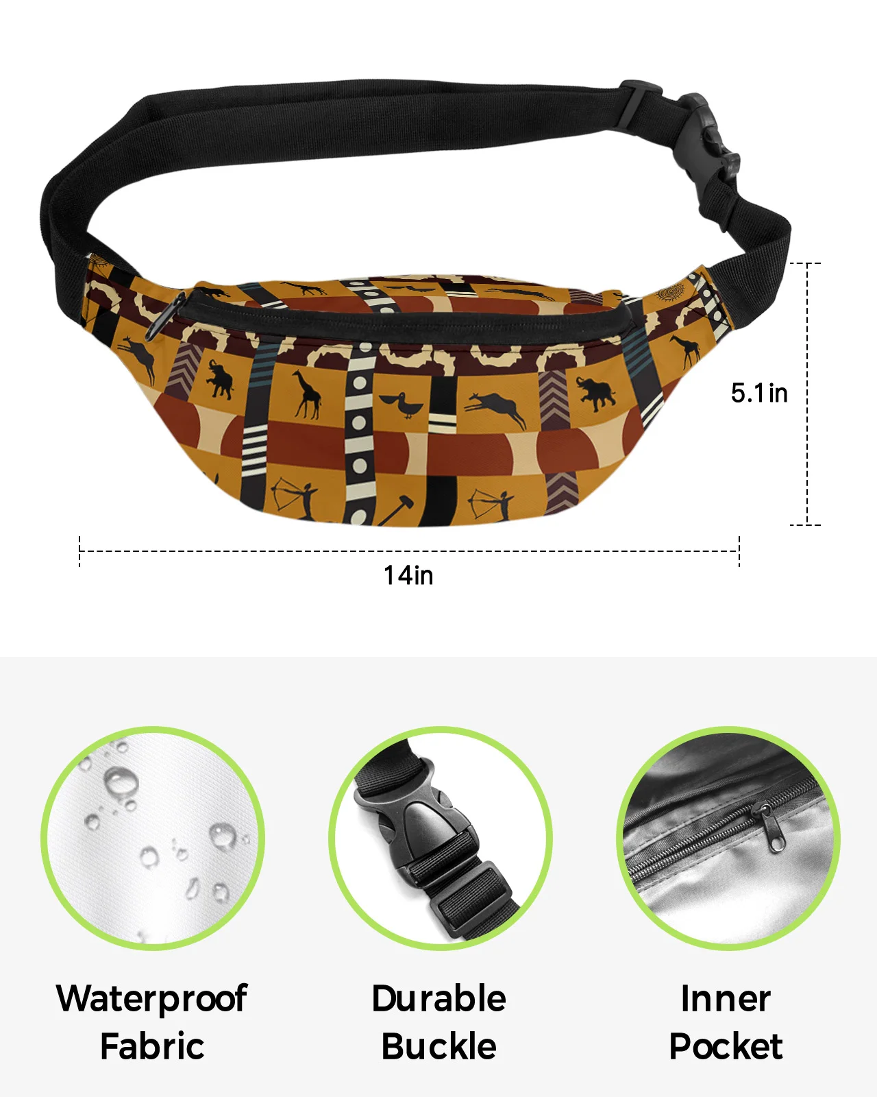 African Style Tribal Culture Elephant Giraffe Waist Packs Shoulder Bag Unisex Messenger Bag Casual Fashion Fanny Pack for Women