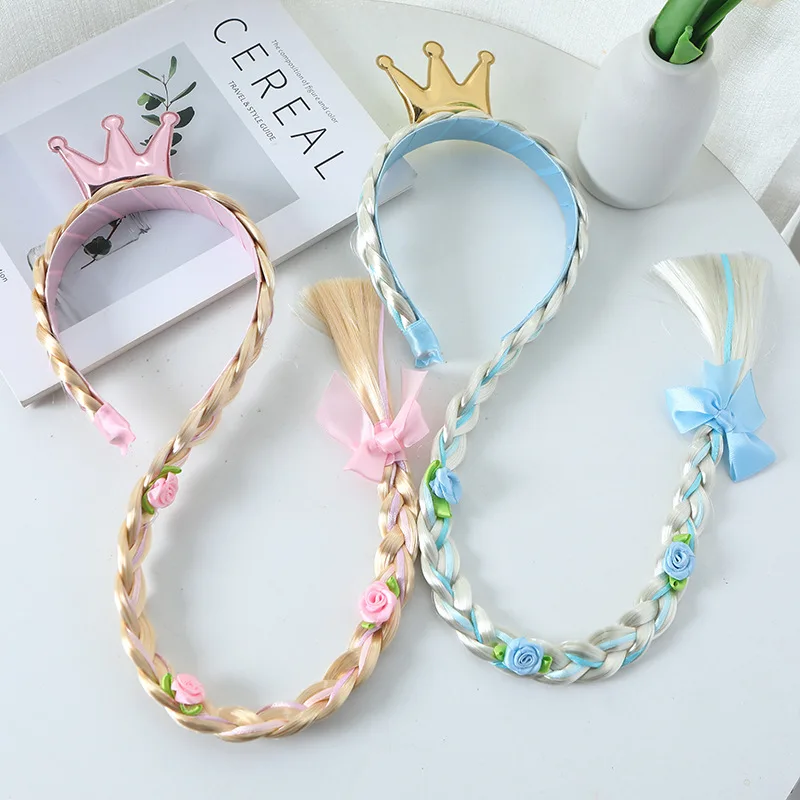 Princess Crown Flower Weaving Braid Girls Elsa Coplay Long Braid Wig Headband Queen Crown Pink Yellow Hairpin Wig Kids Hair Rope