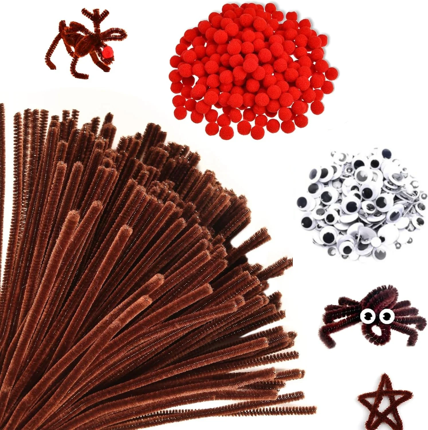 300Pcs Brown Pipe Cleaners Set, Including 100Pcs Brown Chenille Stems, 100Pcs Wiggle Googly Eyes and 100Pcs Red Pompoms