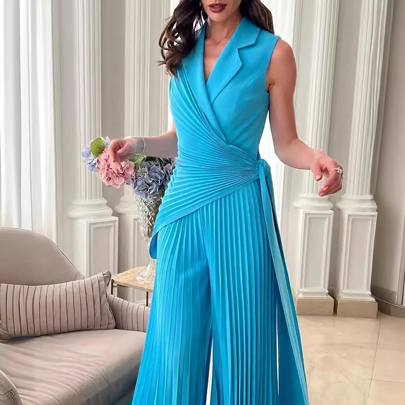 Office Ladies Lapel High Waist Romper Sexy Hollow Out Sleeveless Lace Up Pleated Jumpsuit Fashion Solid Color Wide Leg Playsuit