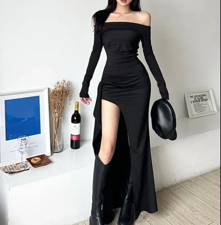 

Women's Dress Fashion Spring Summer Pleated One-Shoulder Slit Maxi Knitted Dress Temperament Commuting Retro Casual Dress