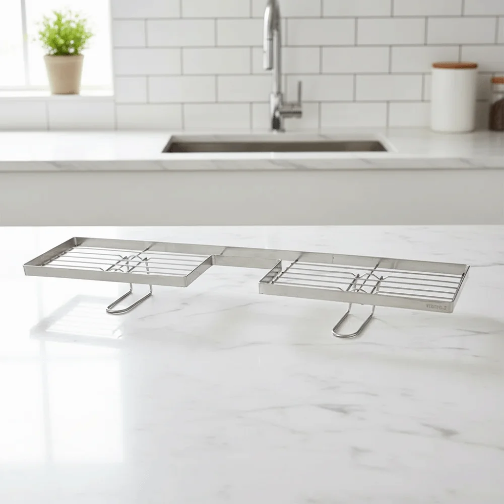 

Stainless Steel Bathroom Counter Shelf Anti Slip Hollow Out Faucet Sink Drying Shelf Integrated Sink No Drill Vanity Stand