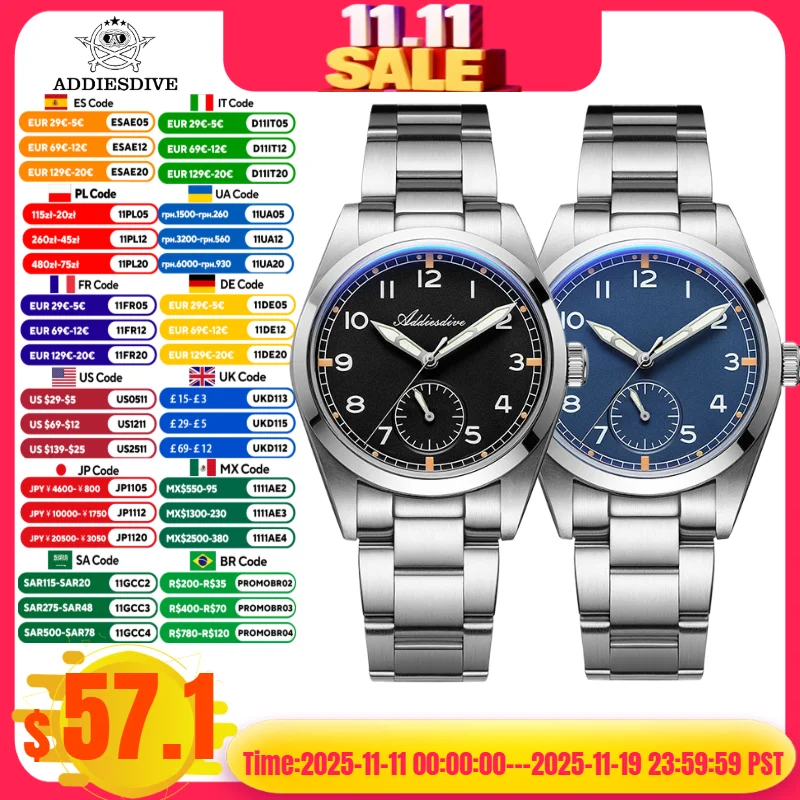 

ADDIESDIVE 36mm Men's Quartz VH60 Watch BGW9 Luminous Bubble Mirror Pot Cover Glass 10Bar Waterproof Stainless Steel Watch