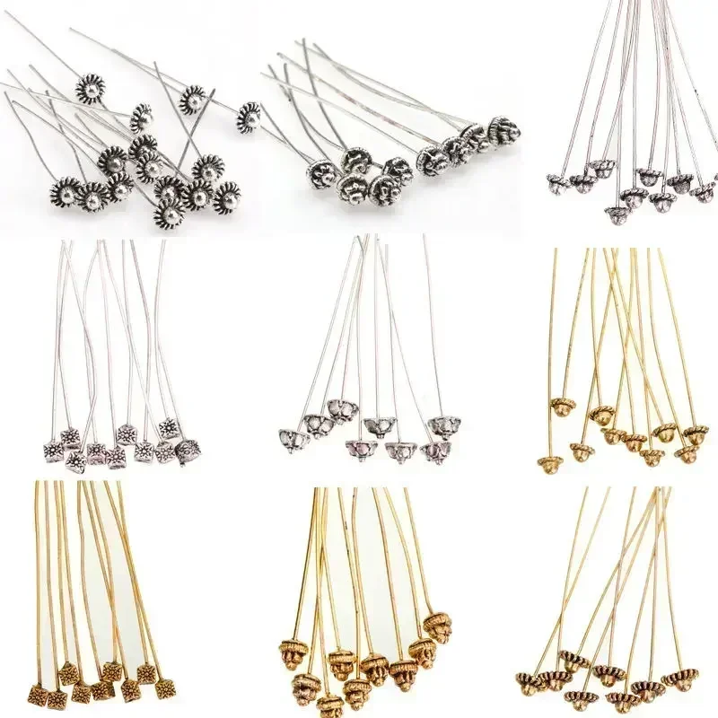 20Pcs Antique Silver Metal Flower Long Head Pins for Jewelry Making Diy Beads Ball Pins Findings Accessories 50mm