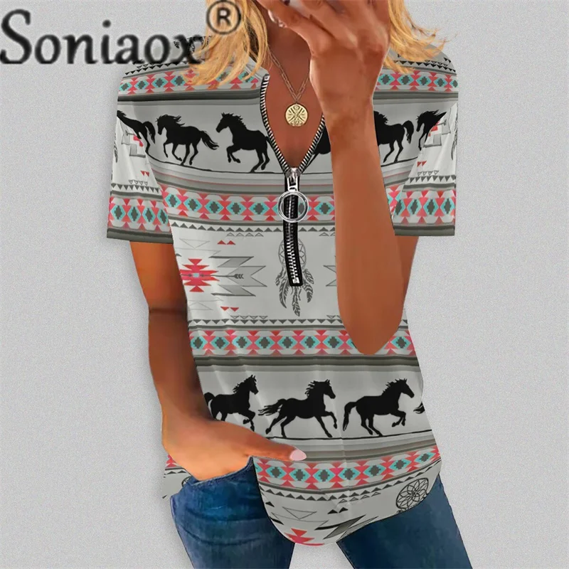 Vintage Print Zipper V Neck T-Shirt Summer Women's Ethnic Style Short Sleeve Tops Female Comfortable Casual Commuter Cotton Tees
