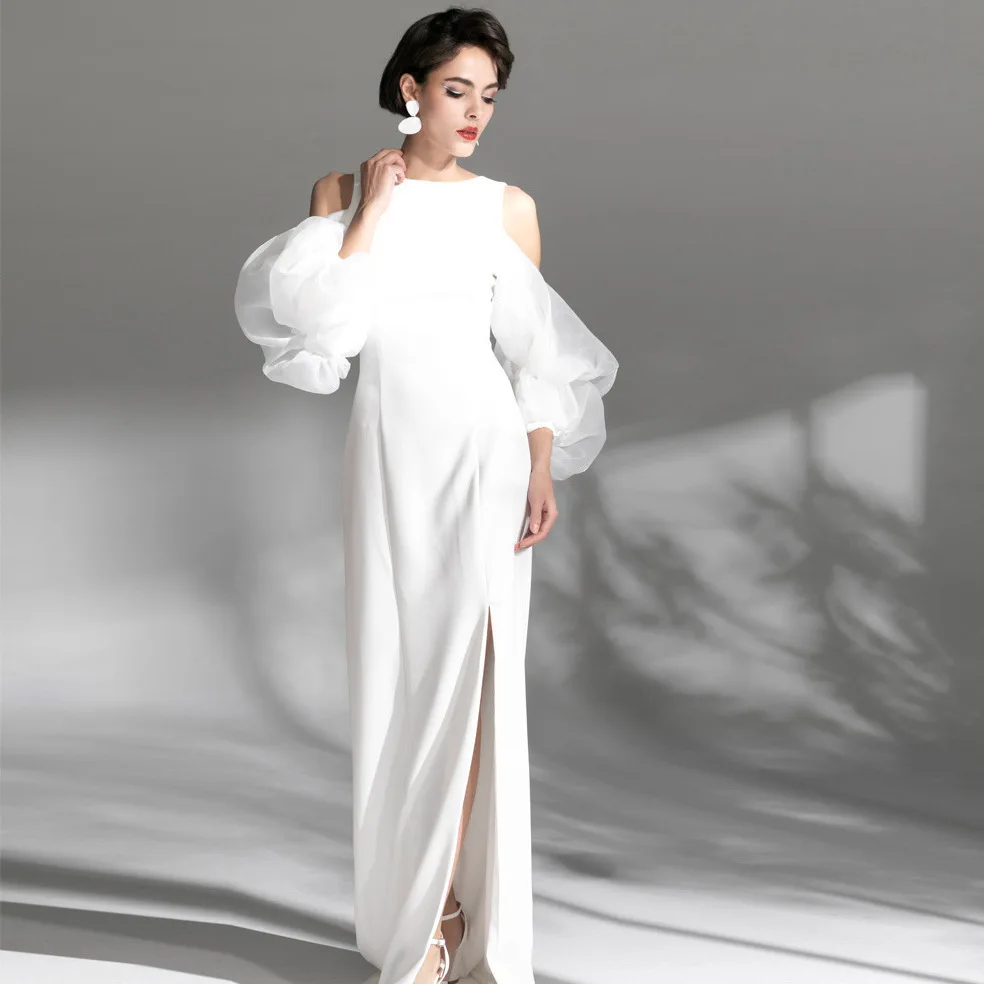 Banquet Evening Dress White Women Luxury Off Shoulder Puff Sleeve Wedding Dresses 2024 Elegant Sexy Slit Long Prom Party vestido