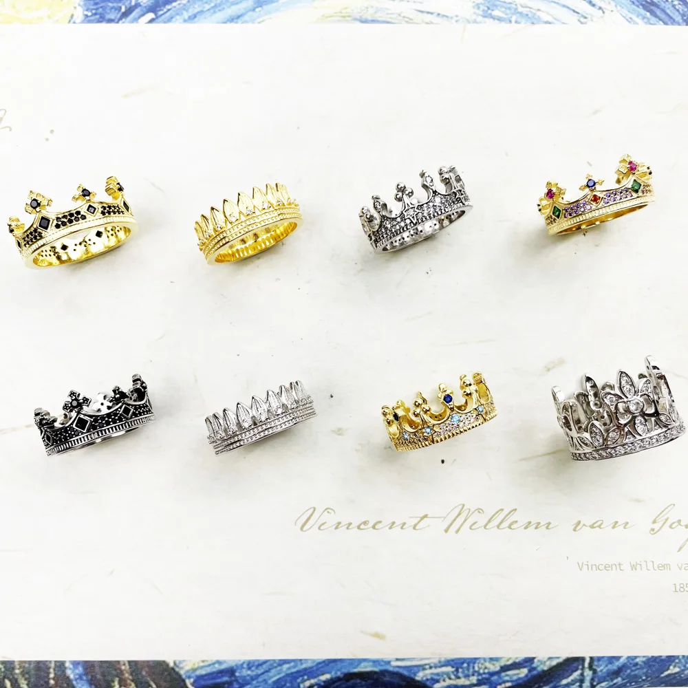 Ring Royal Power Crown Golden in 925 Sterling Silver With Black Stones Victorian Age Vintage Jewelry for Woman Men Romantic Gift