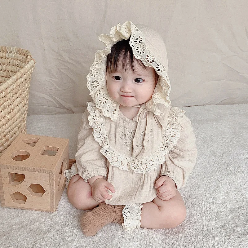 

Princess Baby Romper Spring Autumn Long Sleeve Lace Embroidery Flower Jumpsuit Body Suit With Hat 2PCS Newborn Girls Clothes