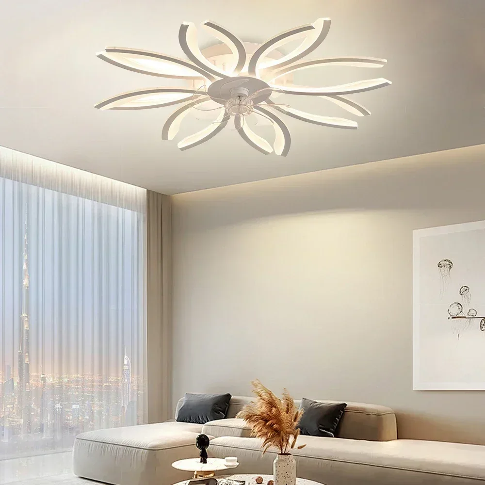 Imagem -05 - Ventiladores de Teto Elétricos com Luz Led Lâmpada Moderna Estilo Flor Pingente Inteligente Silencioso 110v 220v Nórdico Luxo Decoração do Quarto