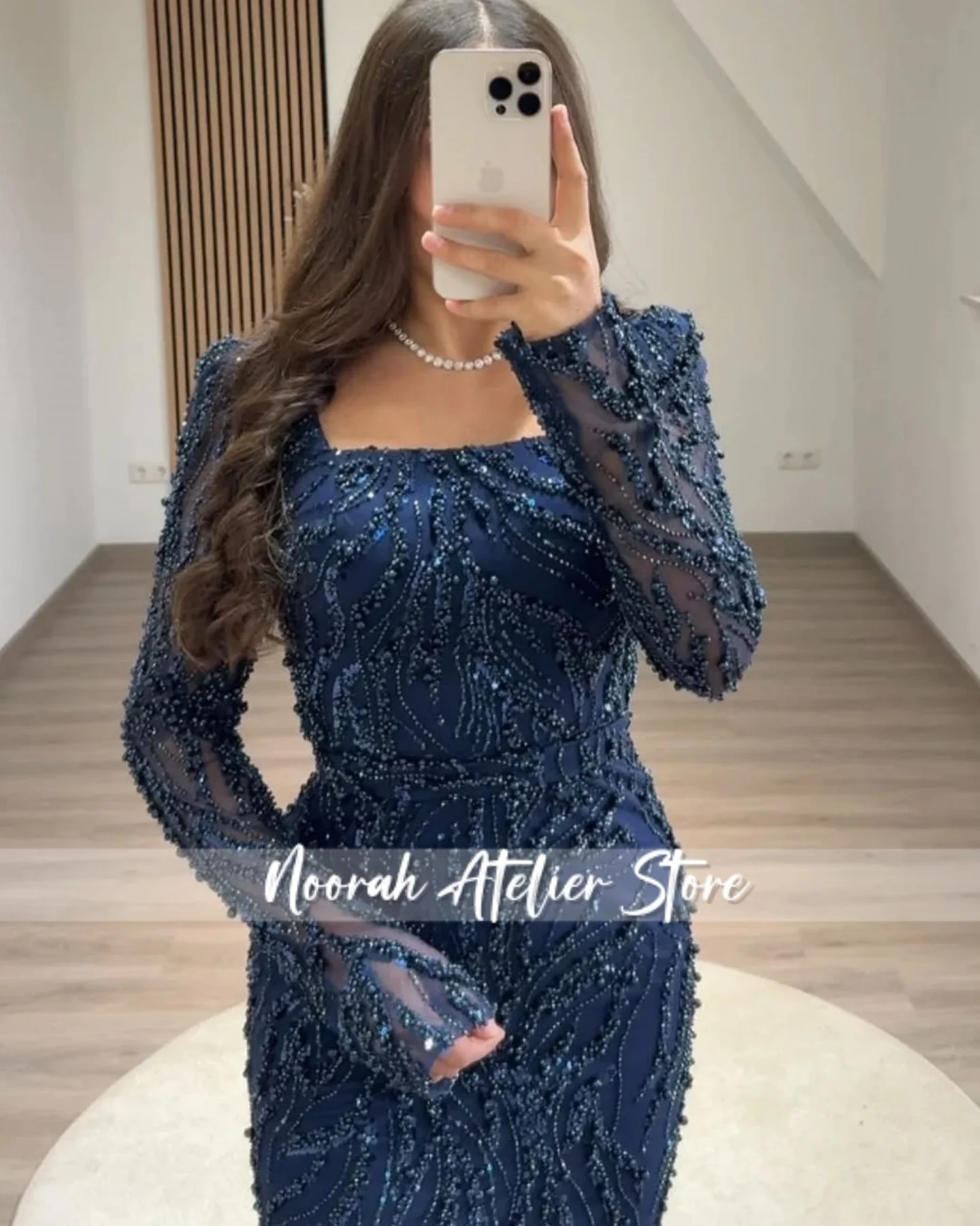 فساتين سهرة نسائية فاخرة بياقة مربعة زرقاء وأكمام طويلة 2025 ثوب زفاف بطول الأرض المملكة العربية السعودية طويل مخصص