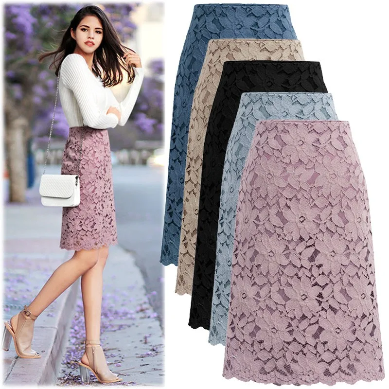 Women's Skirt Floral Lace High Waist Midi Skirts Dusty Pink Retro Pencil Skirt Navy Blue Zipper A Line Skirt Beige Scalloped Hem
