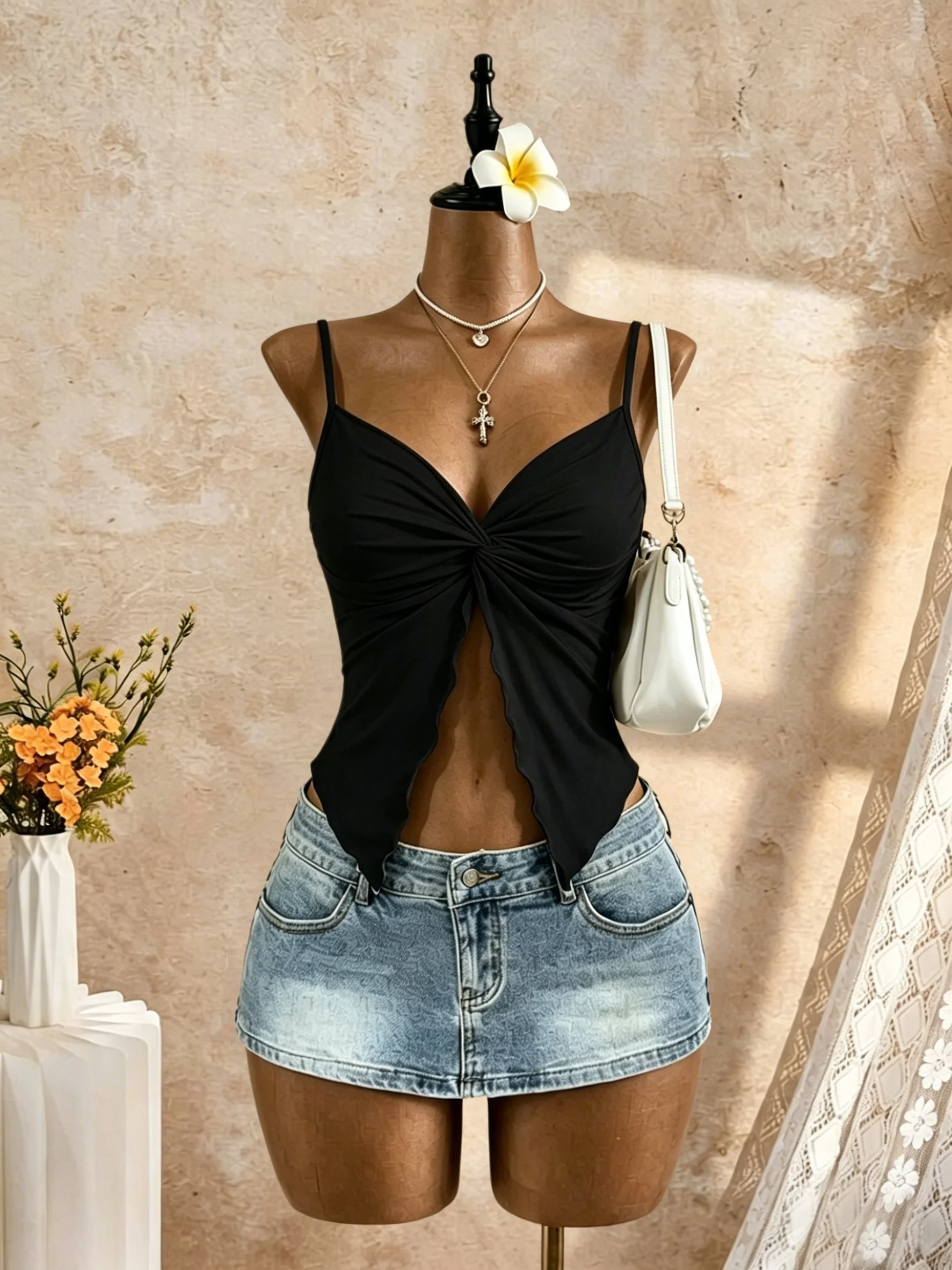 Damen Spaghetti-Träger V-Ausschnitt Twist-Front Cut-Out Rüschen Unregelmäßiger Saum Slim Fit Crop Cami Top 2026 Sommer Y2K Einfarbig Weiß Ärmellos – Detail 8