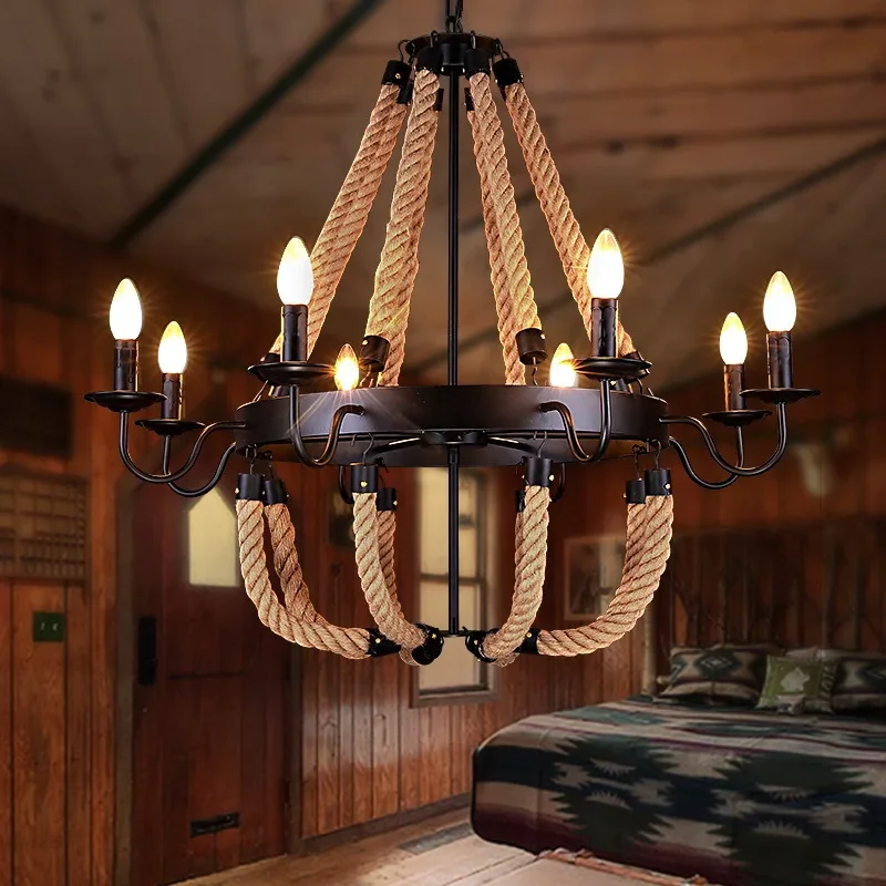 

110v 220v Loft Iron Rope chandelier lighting black wrought iron foyer dining room s plafondlamp aydinlatm22