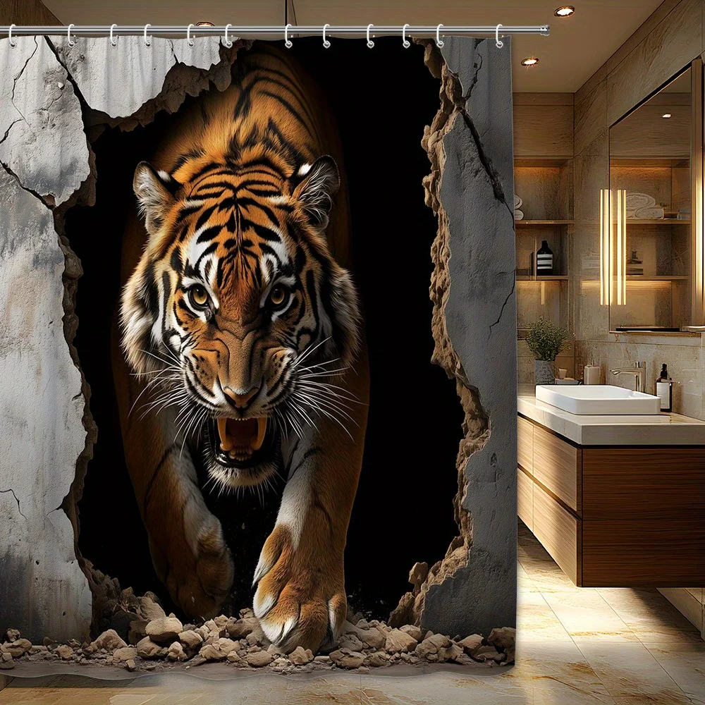 Dramatic Tiger Emerging from Wall Shower Curtain Waterproof Bathroom Decor Jungle Print Animal Roar Wild Life Style Accessories