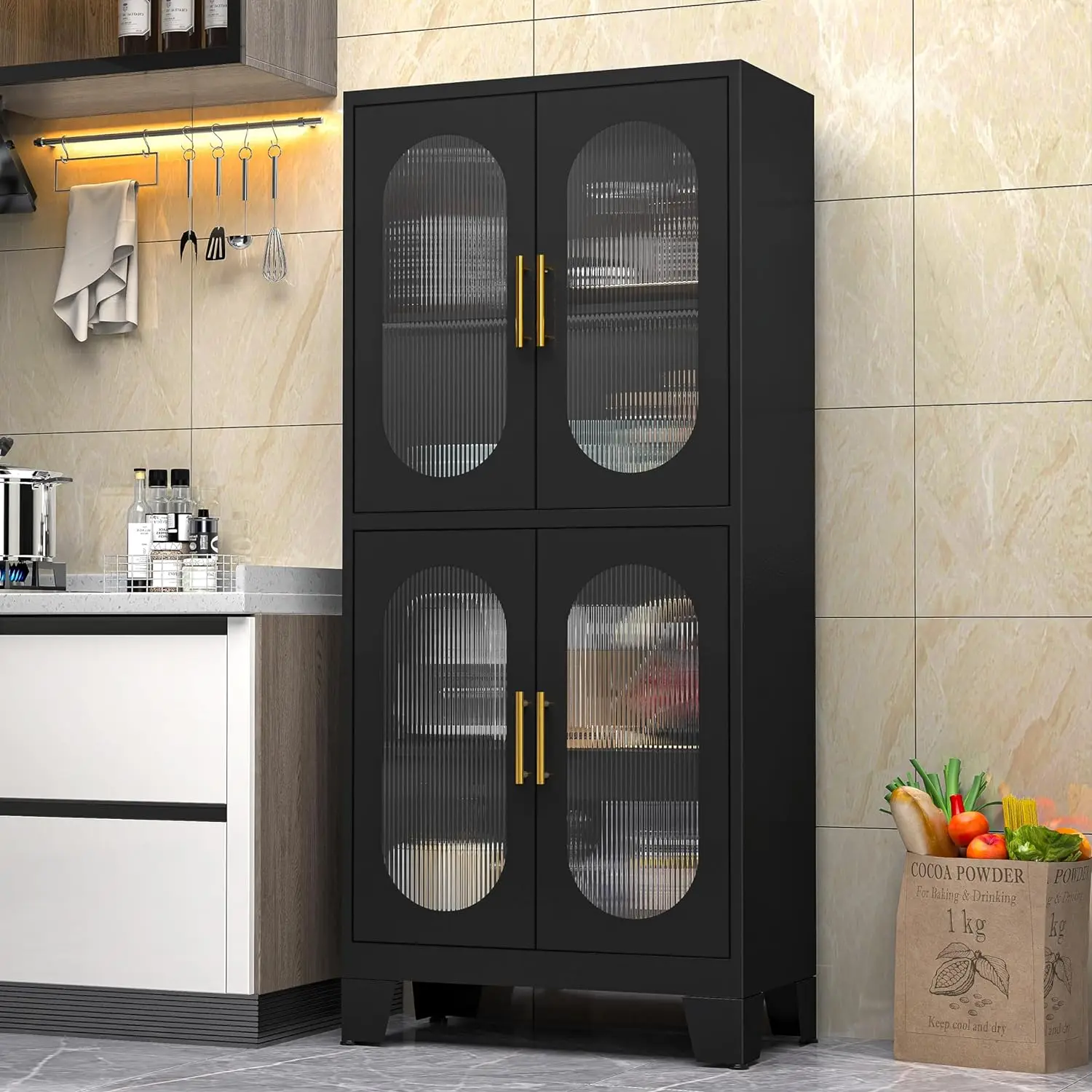 Pantry Storage Cabinet, Kitchen Pantry Cabinet with Acrylic Glass Doors and Shelves,Kitchen Pantry with Adjustable Leveling Foot