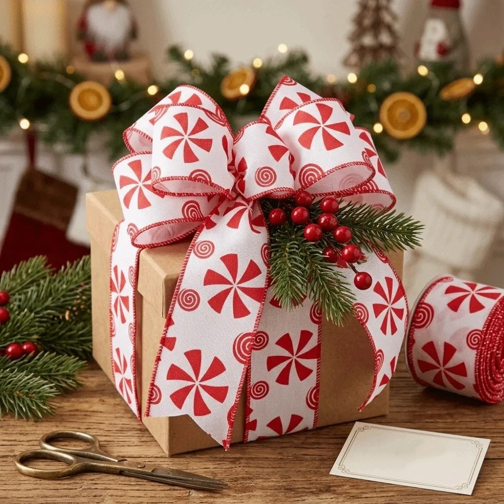 Candy Printed Christmas Bow Ribbon Handmade DIY Xmas Tree Ribbon Xmas Bows Decorative Bow Decorative Webbing Floral Arrangement