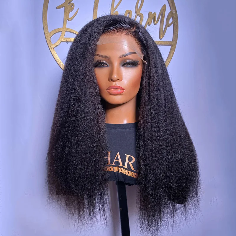 Perruque Lace Front Wig lisse Yaki noire naturelle, longue 26 pouces, douce pour femmes noires, avec cheveux synthétiques de bébé préplumés sans colle 03/