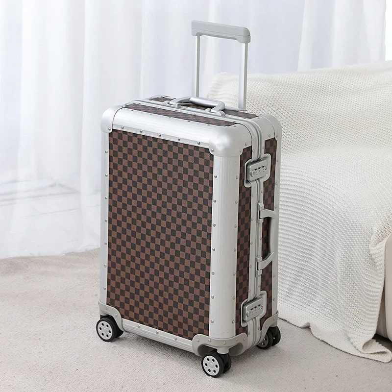 2025 New Men Women Rotating Retro Aluminum Frame PC Checkerboard Truss Luggage Travel Mute Cardan Wheel Suitcase