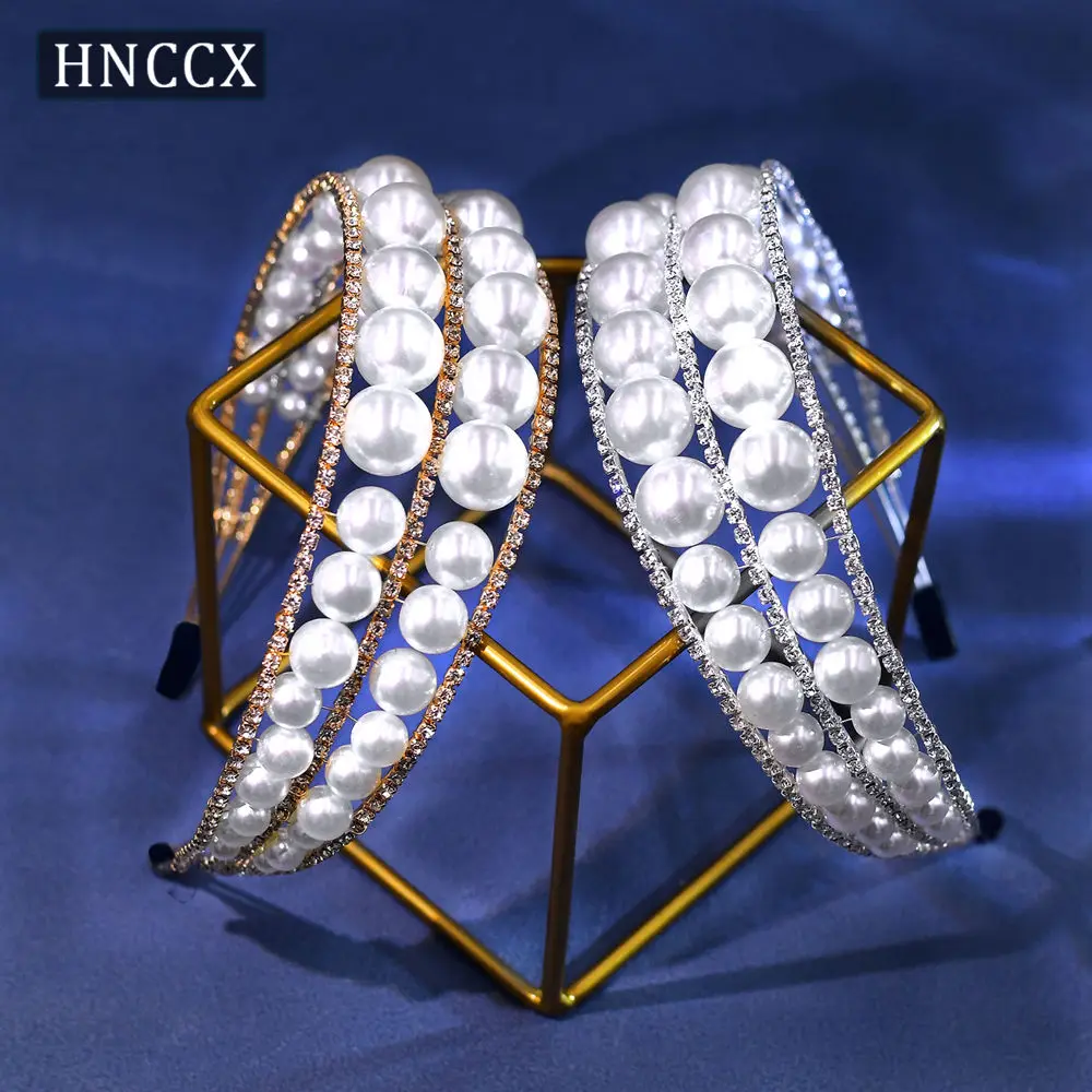 

HNCCX Elegant Woman Pearl Headband Bride Tiara Headband For Wedding Hair Accessories Silver Color Beaded Women Hairband CP400