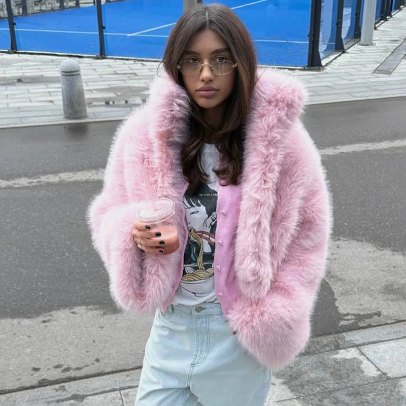 Women's Faux Fur Hooded Coat Open Front Cropped Long Sleeve Fluffy Warm Winter Jacket Evening Party Streetwear Outerwear 2026