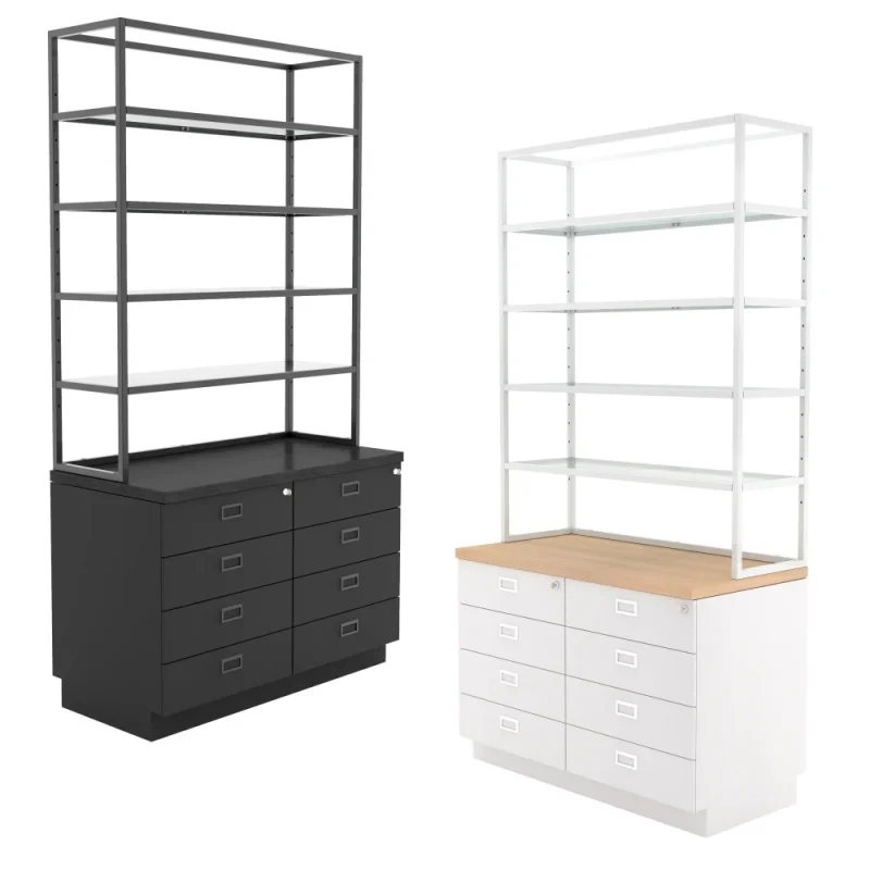 Custom. Keway Wooden & Metal Deluxe Wall Display Storage Racks with Drawers and Shelves for Retail Store