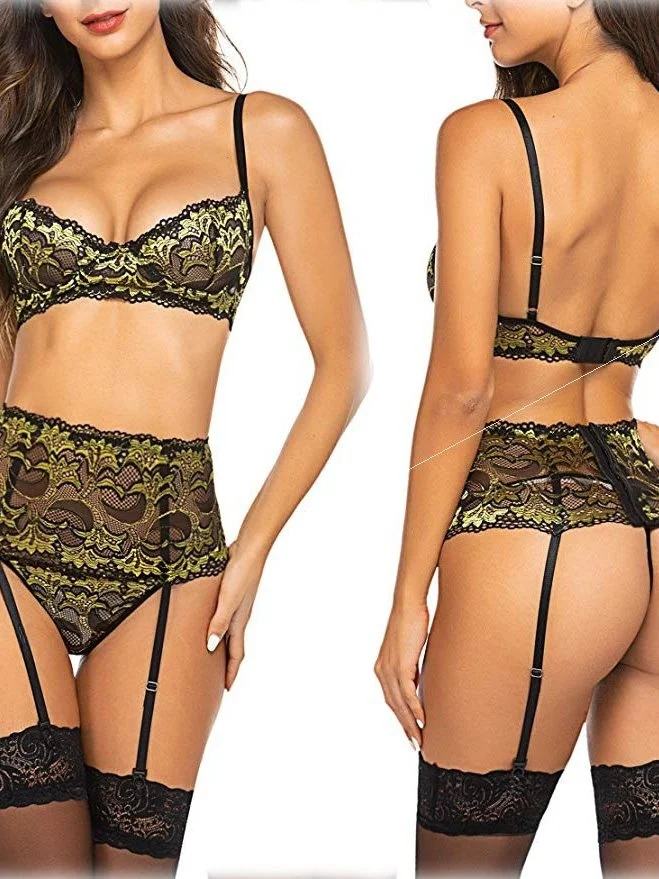 Sexy Three-Piece Women's Hollow Underwear Lingerie Set Summer  Collection Comfortable Home Wear Bra Set without Brand