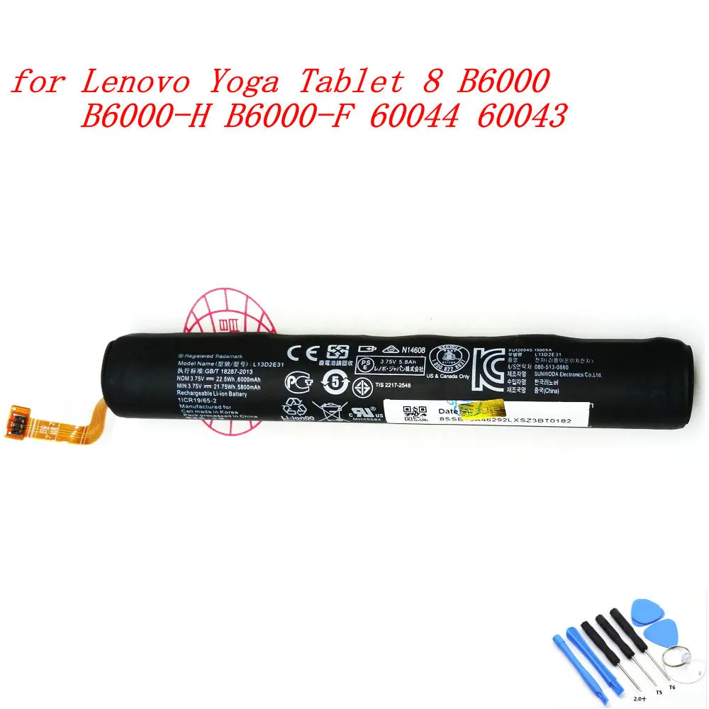 Original L13D2E31 6000mAh Battery For Lenovo Yoga Tablet 8 B6000 B6000-H B6000-F 60044 60043 L13C2E31 3.75V 22.5WH