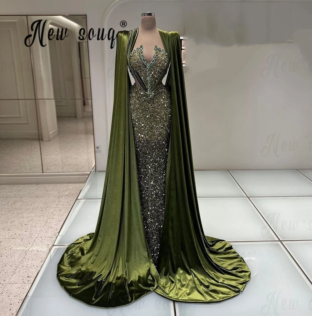 

Dark Green Long Cape Sleeve Evening Dress Mermaid Pageant Event Robes Women 2024 Beading Luxury Wedding Night Gowns Formal Gowns