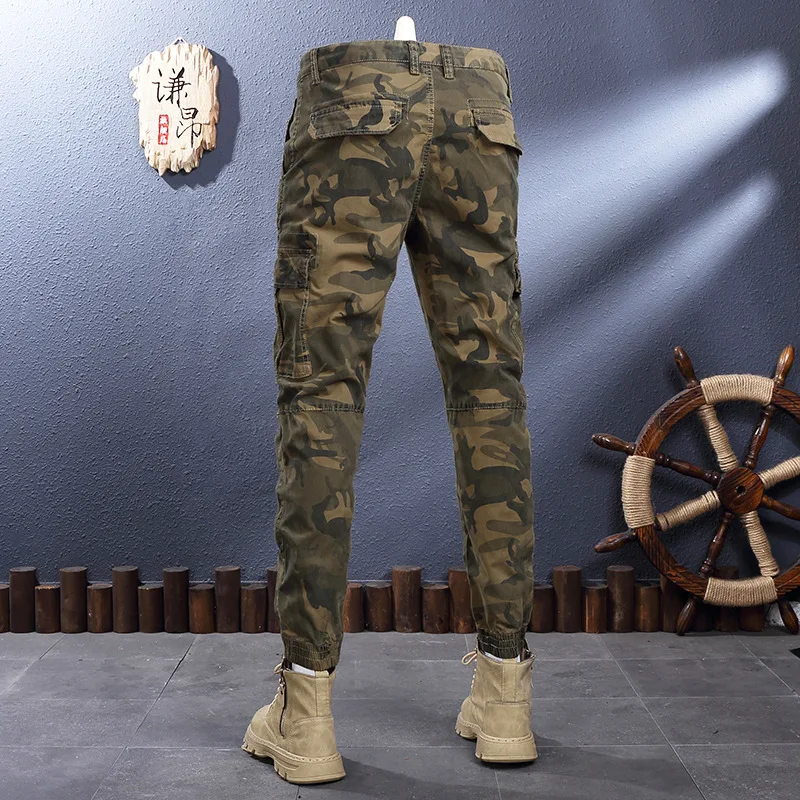 Outdoor Camouflage Overalls Men's High-End and Fashionable Quality Men's Elastic Slim Fit Ankle-Tied Long Casual Pants Thick