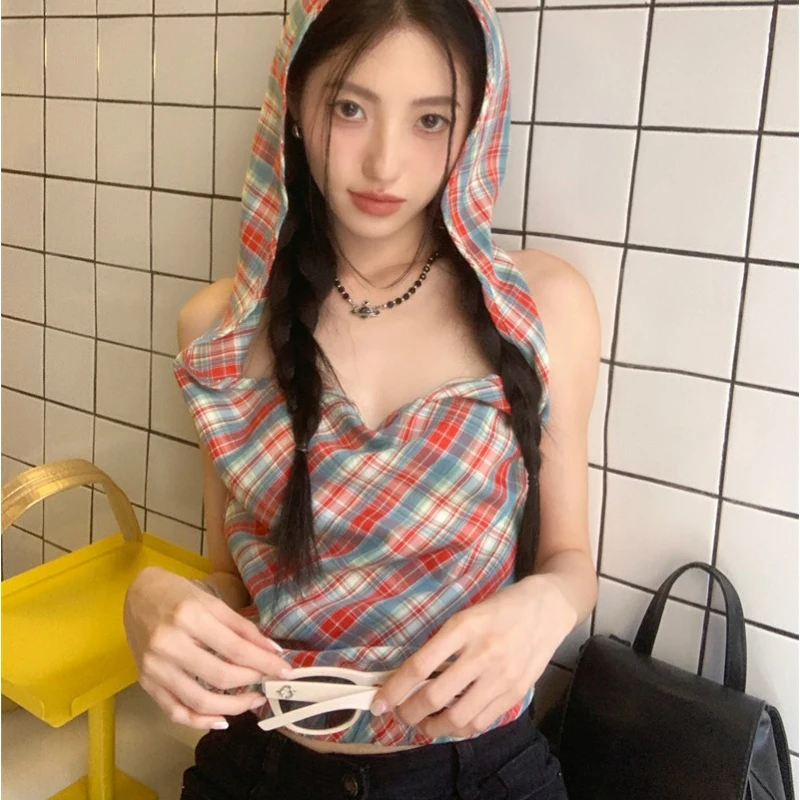 

2024 summer new retro red plaid plaid collar top female summer Spice sleeveless hooded vest top